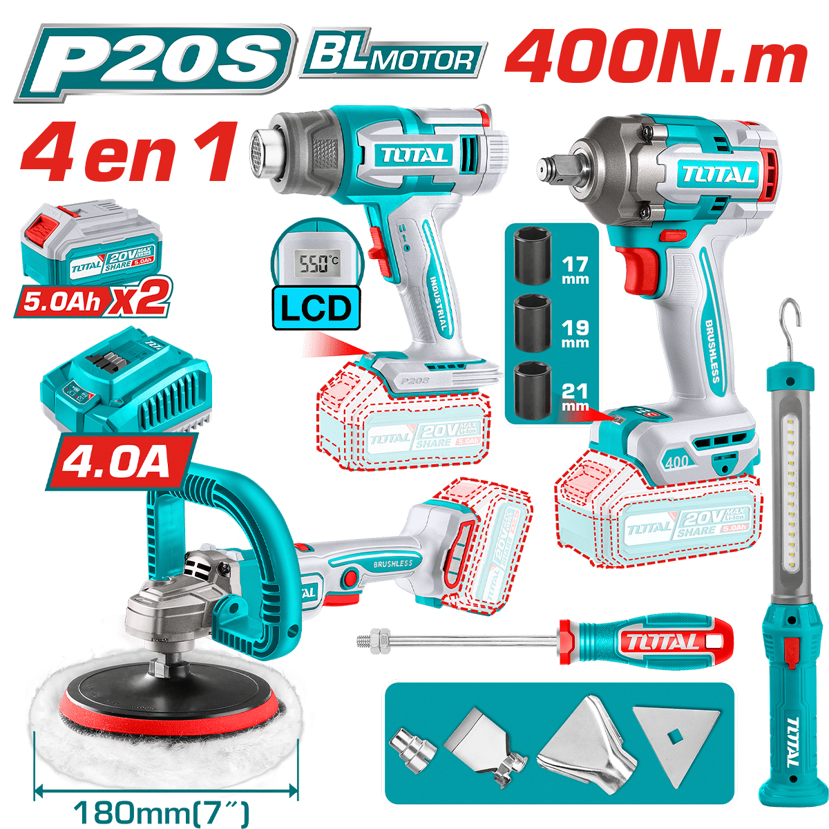 COMBO LLAVE IMPACTO + PISTOLA DE CALOR + PULIDORA 20V + LINTERNA +ACC 2X5.0AH MALETIN INDUSTRIAL