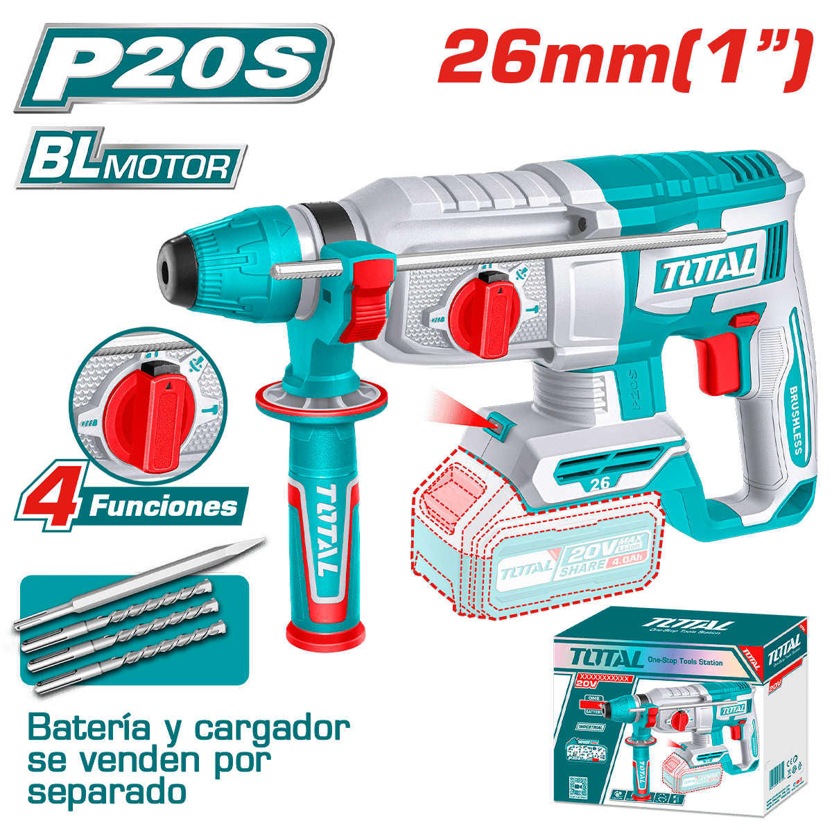 ROTOMARTILLO SDS+ 26MM 20V 2.5J 0-5000BPM BRUSHLESS 4FUNC INDUSTRIAL
