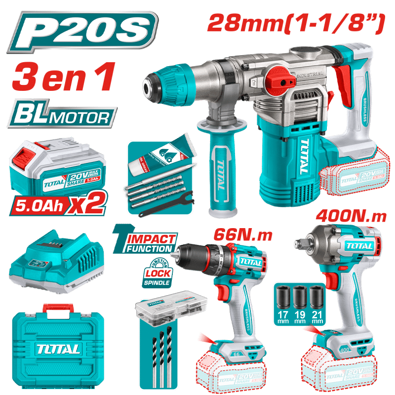COMBO ROTOMARTILLO + TALADRO + LLAVE IMPACTO 20V BRUSHLESS 2X5.0AH MALETIN INDUSTRIAL
