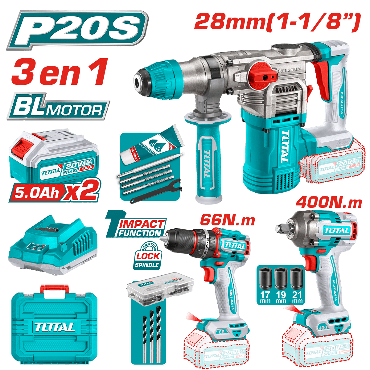 COMBO ROTOMARTILLO + TALADRO + LLAVE IMPACTO 20V BRUSHLESS 2X5.0AH MALETIN INDUSTRIAL