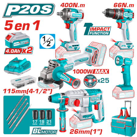 COMBO 20V (5 EN 1) TALADRO + LLAVE + AMOLADORA + ROTOMARTILLO + LINTERNA 2X4.0AH INDUSTRIAL