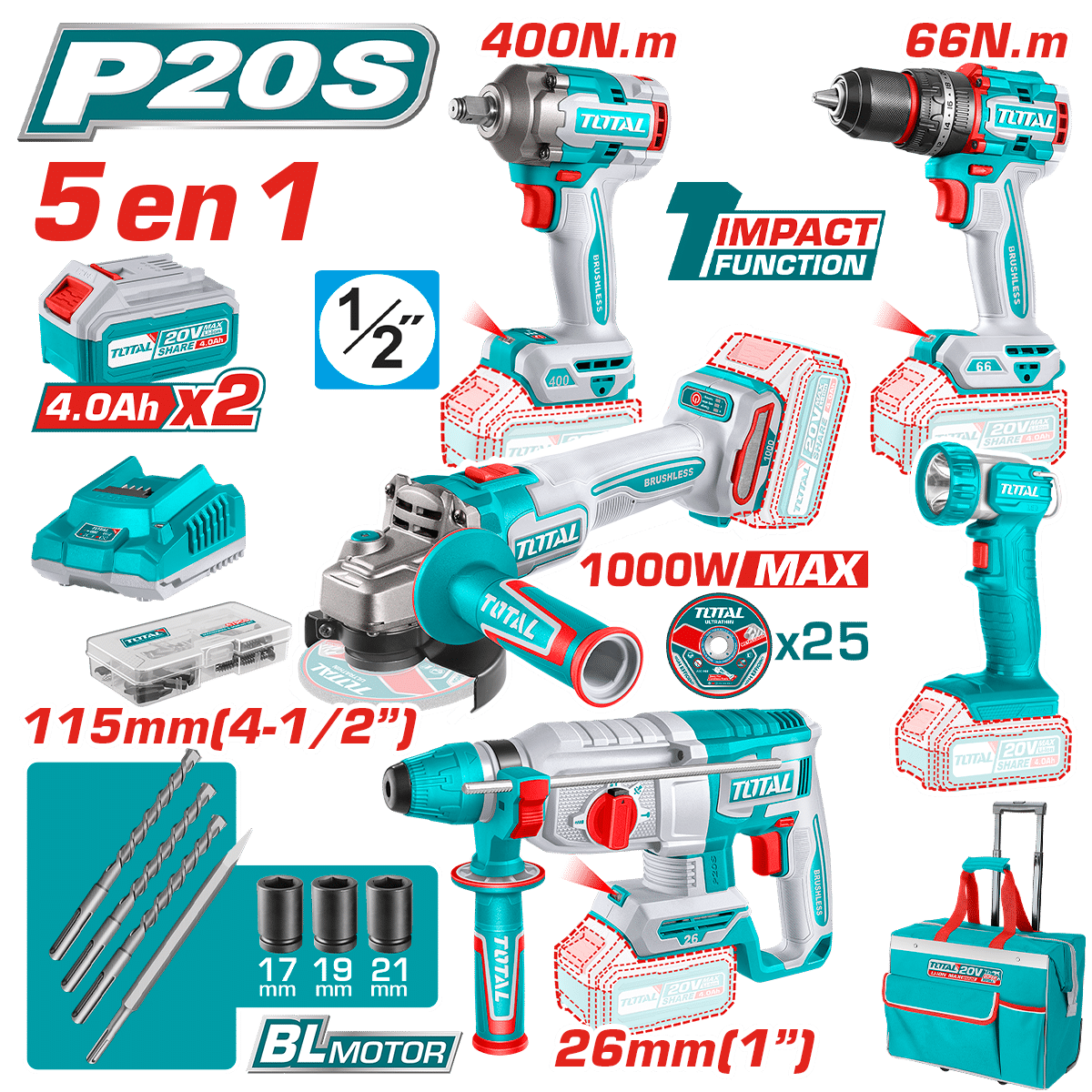 COMBO 20V (5 EN 1) TALADRO + LLAVE + AMOLADORA + ROTOMARTILLO + LINTERNA 2X4.0AH INDUSTRIAL