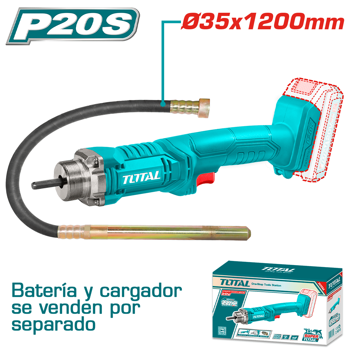 VIBRADOR CONCRETO LI-ION 20V POKER 35X1200MM 2300RPM