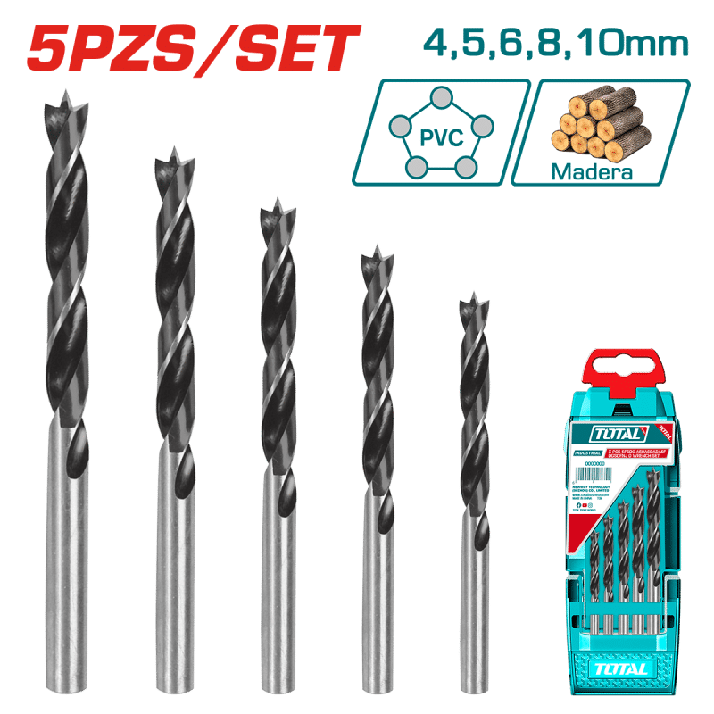 SET DE BROCAS P/MADERA 5PZS DIA 4-10MM + ESTUCHE