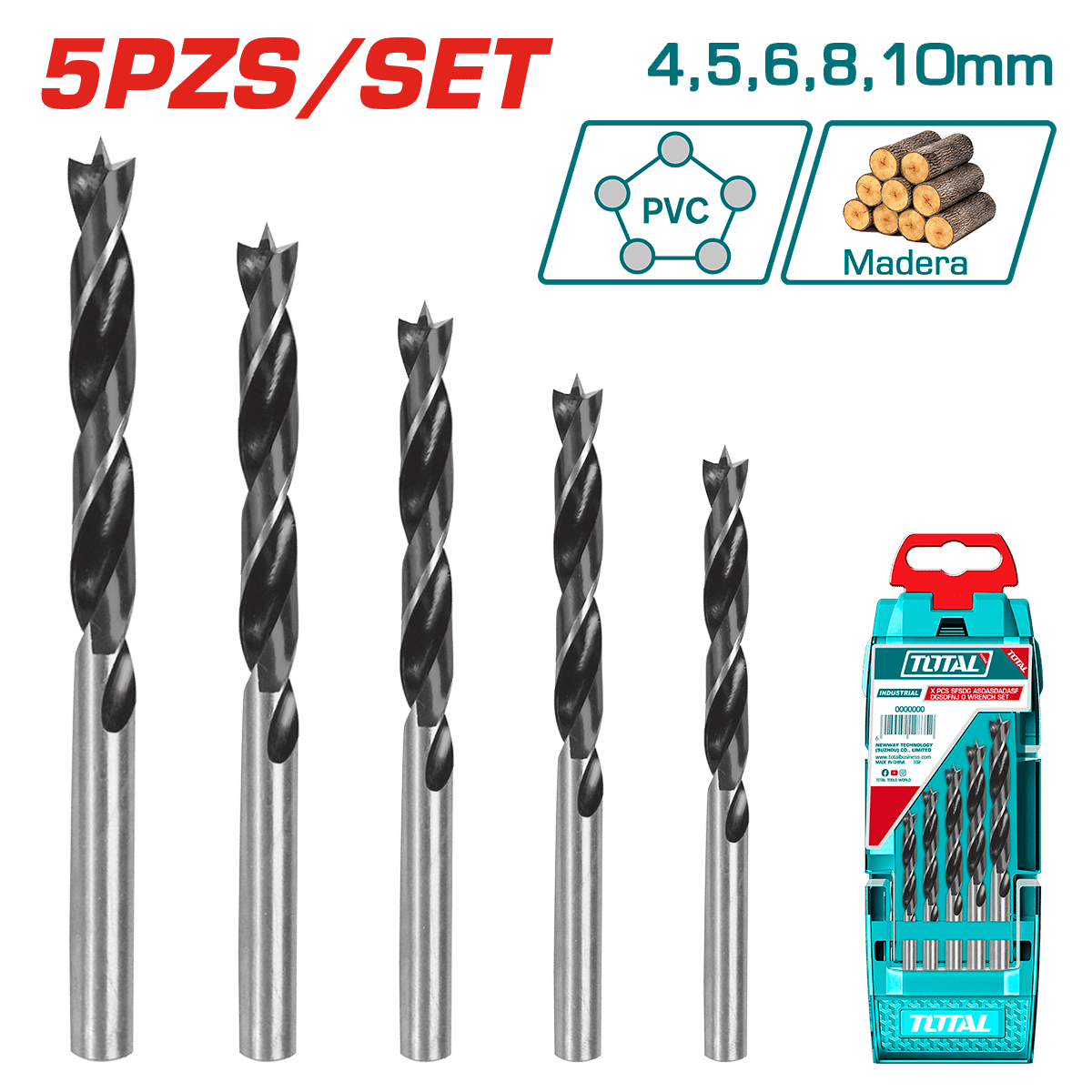 SET DE BROCAS P/MADERA 5PZS DIA 4-10MM + ESTUCHE