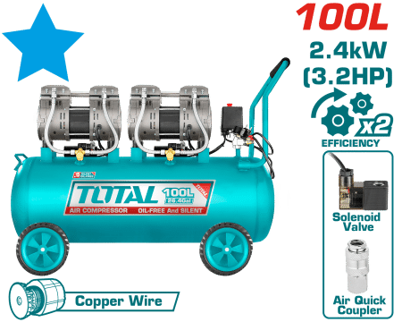 COMPRESORA OIL-FREE 100L 3.25HP (2x1200W) 75DB 8BAR 3400RPM INDUSTRIAL