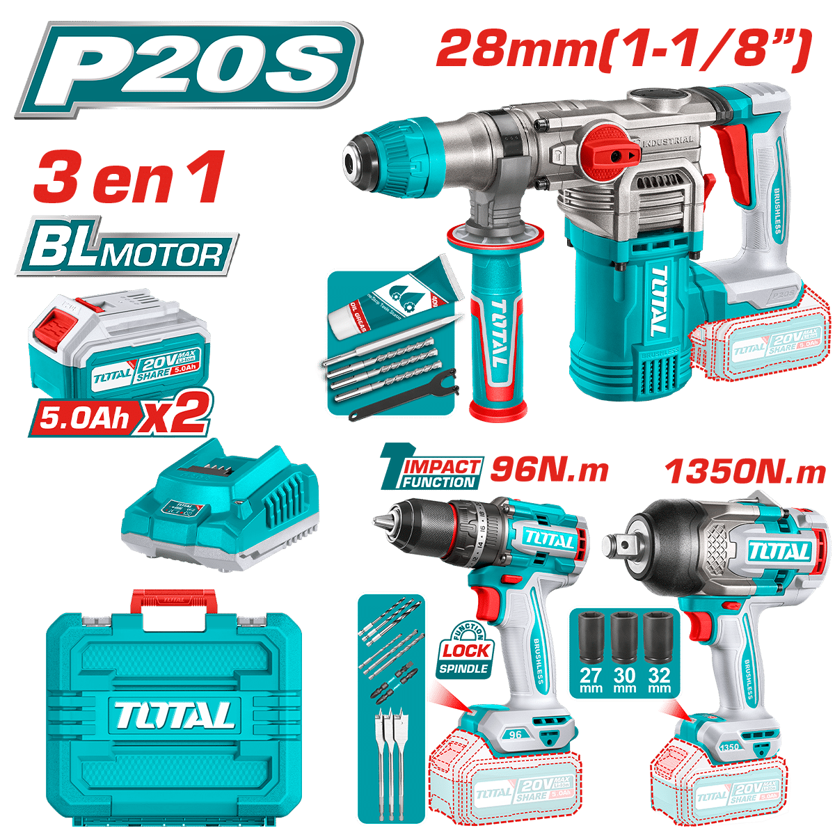 COMBO 20V ROTOMARTILLO 28MM + TALADRO 96NM + LLAVE IMPACTO 1350NM 2X5.0AH + ACC INDUSTRIAL
