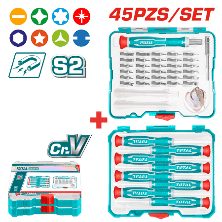 SET DESTORNILLADORES DE PRECISIÓN + PUNTAS 45PCS/SET S2 MAGNETICOS + ESTUCHE INDUSTRIAL