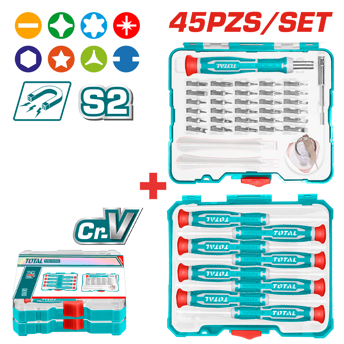 SET DESTORNILLADORES DE PRECISIÓN + PUNTAS 45PCS/SET S2 MAGNETICOS + ESTUCHE INDUSTRIAL