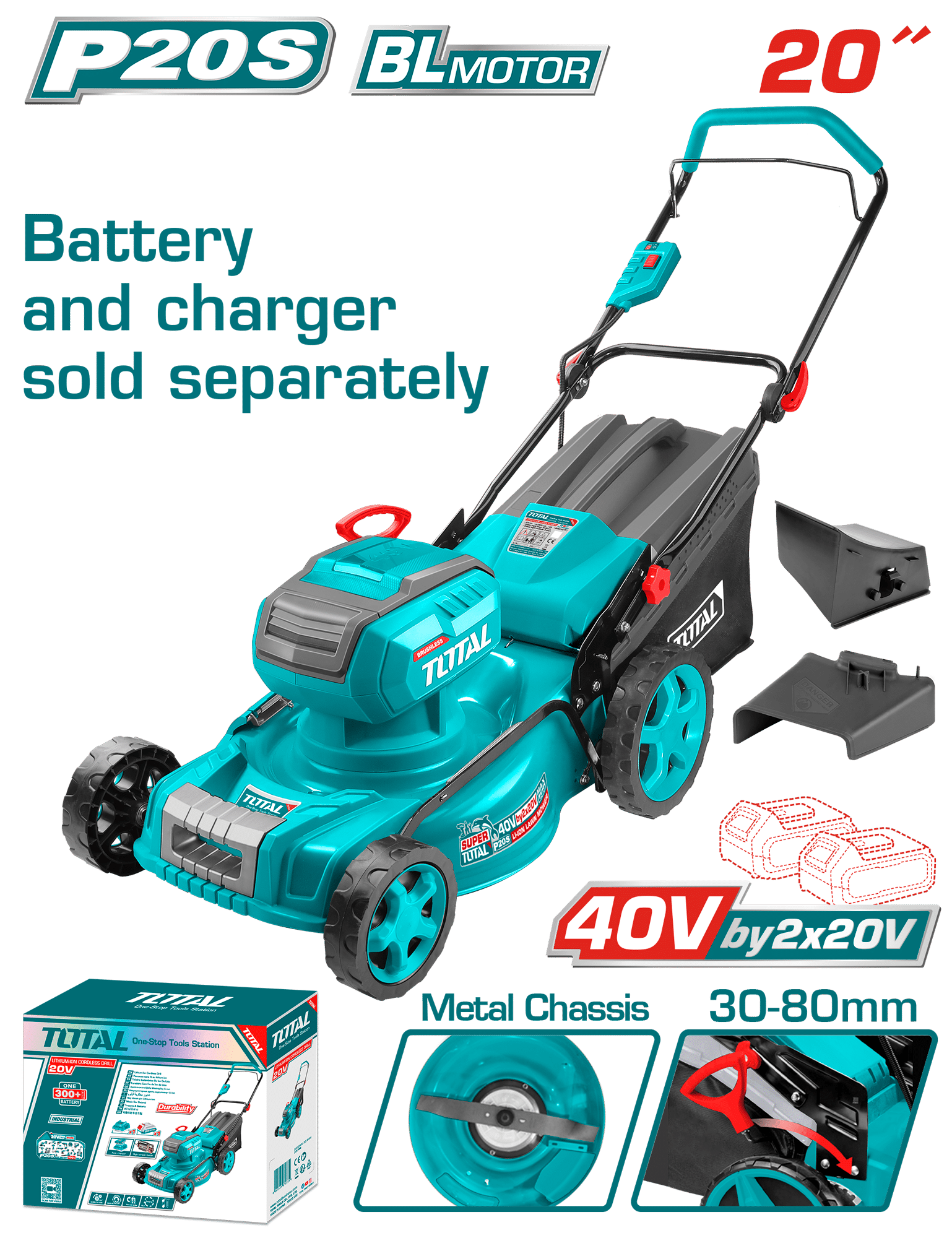 CORTA CESPED 40V (20V+20V) 2800RPM C:510MM ALT:30-80MM 8G B:60L INDUSTRIAL
