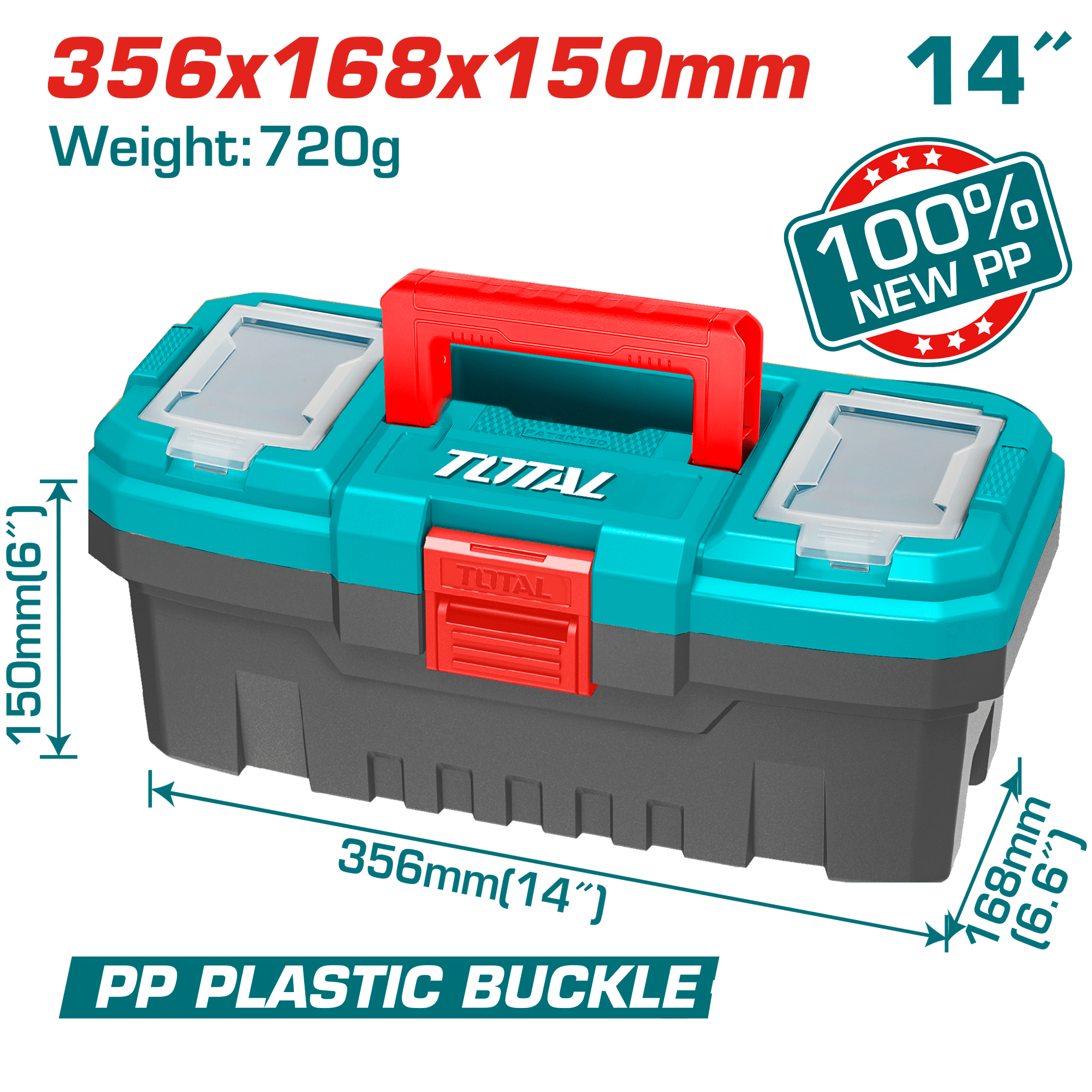 CAJA HERRAMIENTAS 14'' NEW PP 356X168X150MM 720G HEBILLA PLASTICA