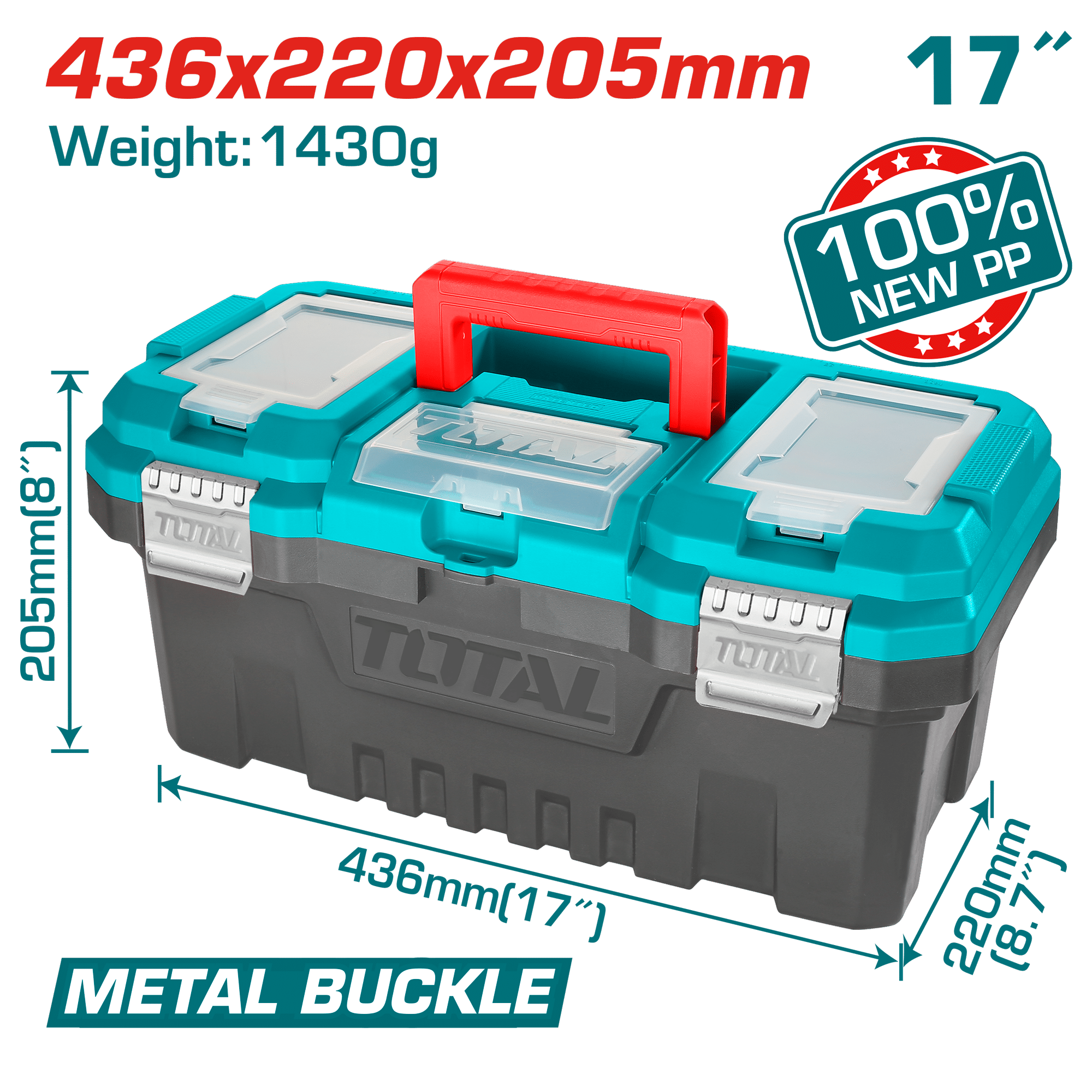 CAJA HERRAMIENTAS 17" NEW PP 436X220X205MM 15KG HEBILLA METALICA