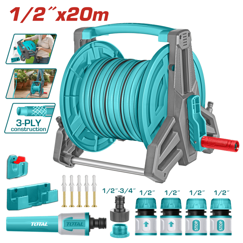 CARRETE CON MANGUERA 20M X 1/2'' PVC INC. ACCESORIOS