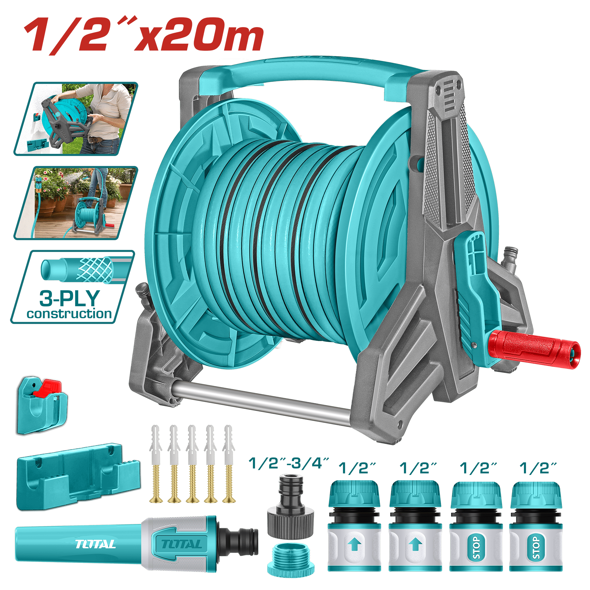 CARRETE CON MANGUERA 20M X 1/2'' PVC INC. ACCESORIOS