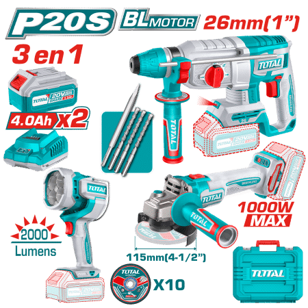 COMBO 3 EN 1 ROTOMARTILLO 26MM + AMOLADORA 1000W + LINTERNA 2X4.0AH + ACC MALETIN INDUSTRIAL