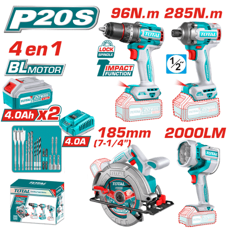COMBO 4 EN 1 TALADRO PER. 96NM + DESTORN. IMPAC 285NM + LINTERNA + SIERRA 2X4.0AH + ACC INDUSTRIAL