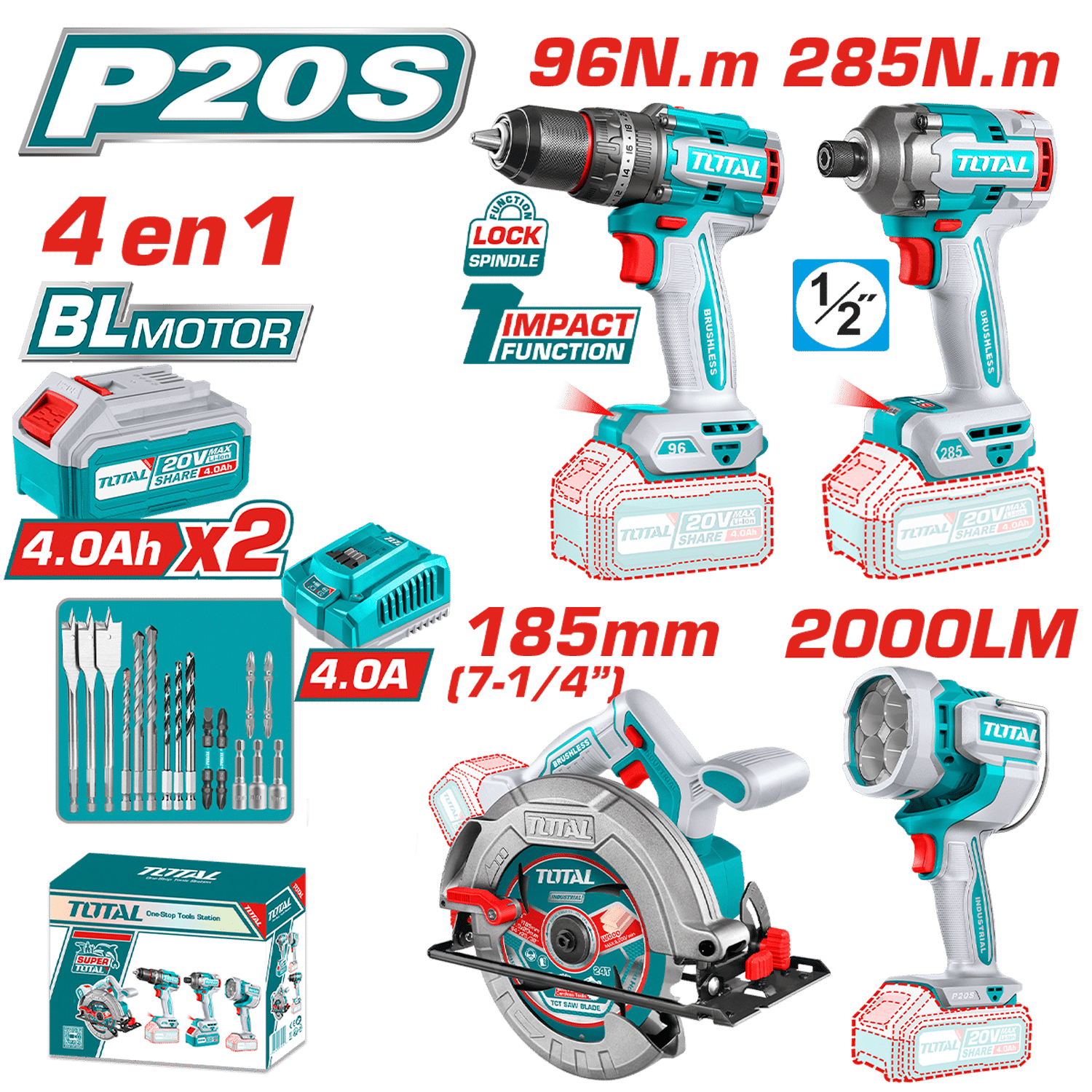 COMBO 4 EN 1 TALADRO PER. 96NM + DESTORN. IMPAC 285NM + LINTERNA + SIERRA 2X4.0AH + ACC INDUSTRIAL