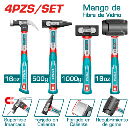 COMBO MARTILLOS C/MANGO FIBRA VIDRIO: UÑA 16OZ + MECANICO 500G + ALBAÑIL 1000G + GOMA 16OZ
