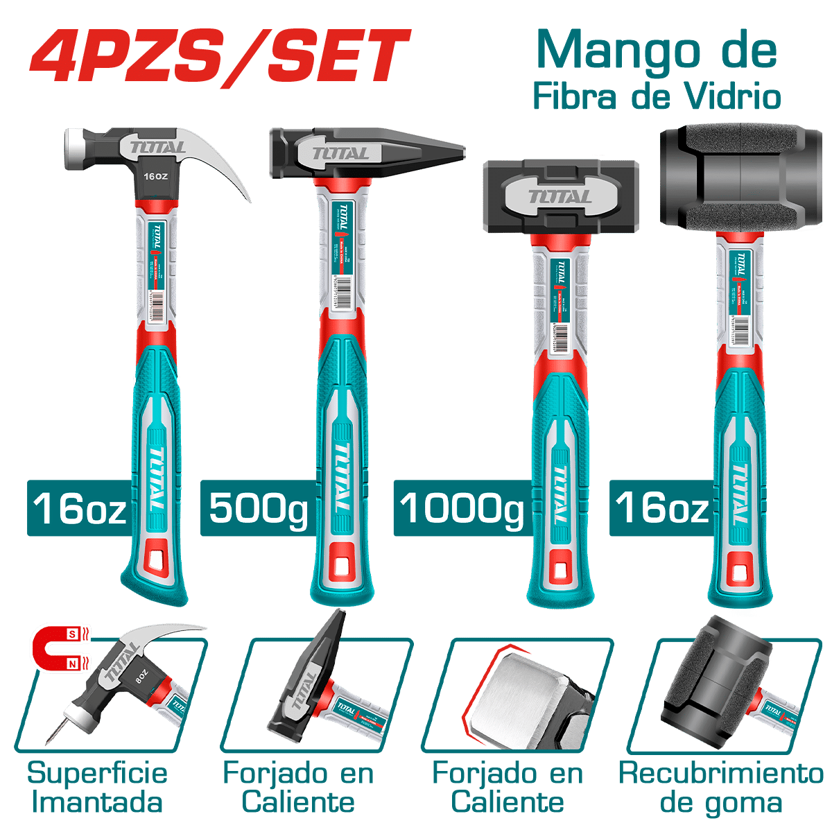 COMBO MARTILLOS C/MANGO FIBRA VIDRIO: UÑA 16OZ + MECANICO 500G + ALBAÑIL 1000G + GOMA 16OZ