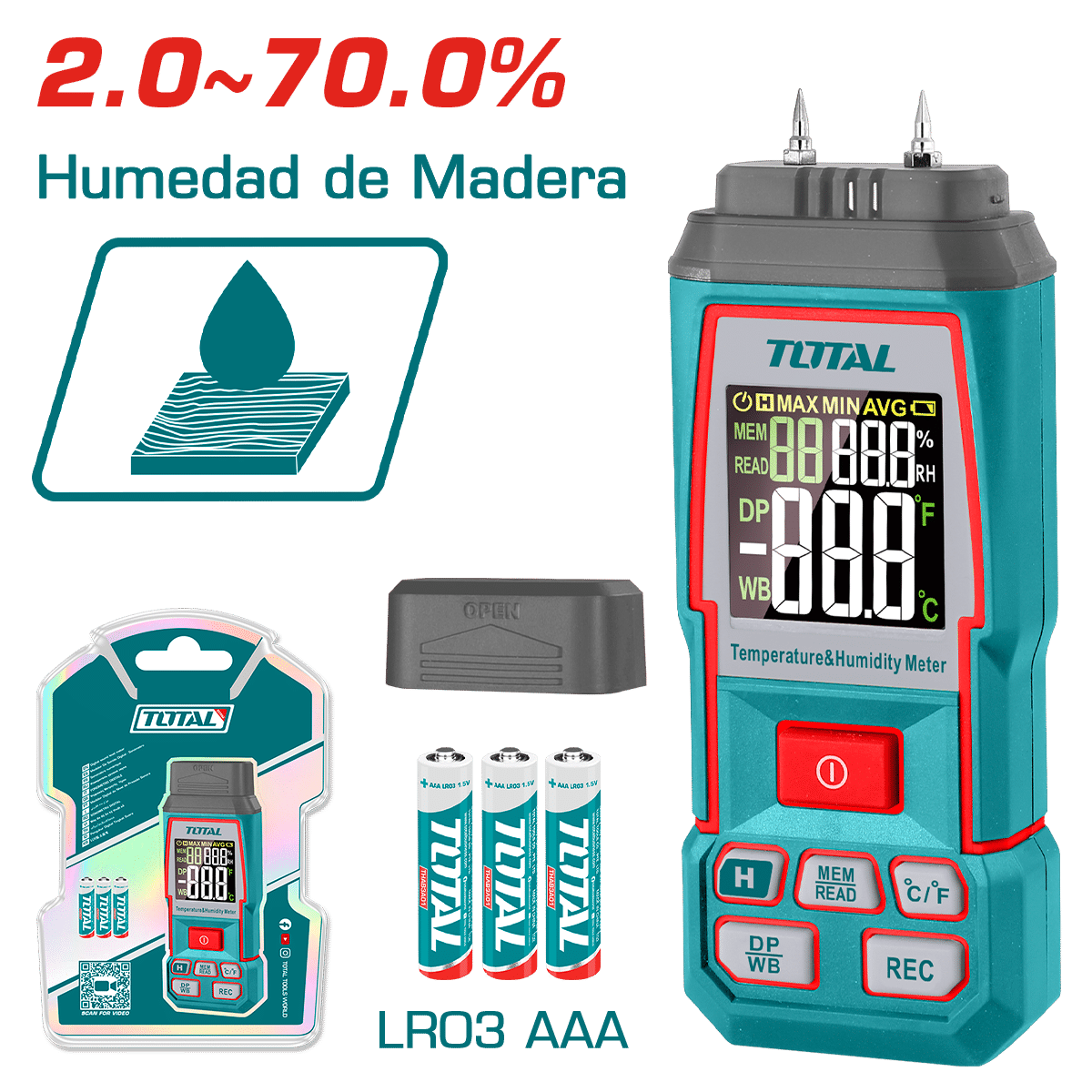 MEDIDOR DE HUMEDAD PARA MADERA 2.0 - 70% ACC:2% AMB:20-90%RH INDUSTRIAL
