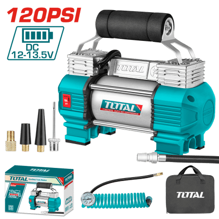 MINICOMPRESORA 12V 18A 120PSI CON LUZ + ACCESORIOS INDUSTRIAL