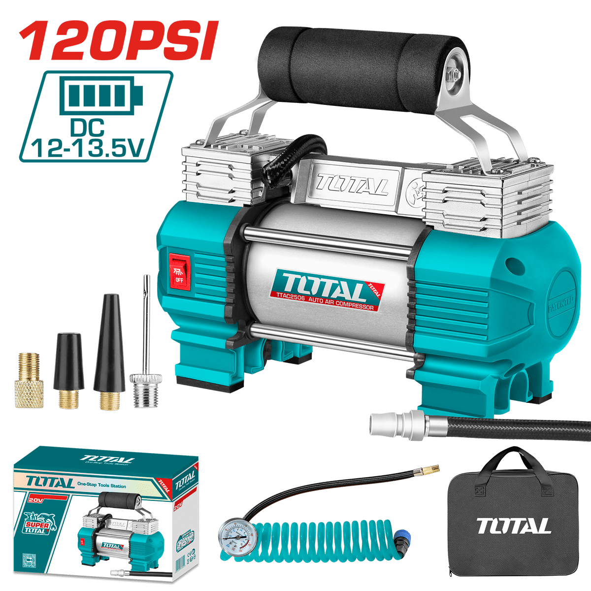 MINICOMPRESORA 12V 18A 120PSI CON LUZ + ACCESORIOS INDUSTRIAL