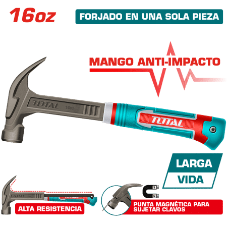 MARTILLO DE UÑA MANGO FIBRA DE VIDRIO 16OZ/450G ACERO CARBON MAGNETICO INDUSTRIAL