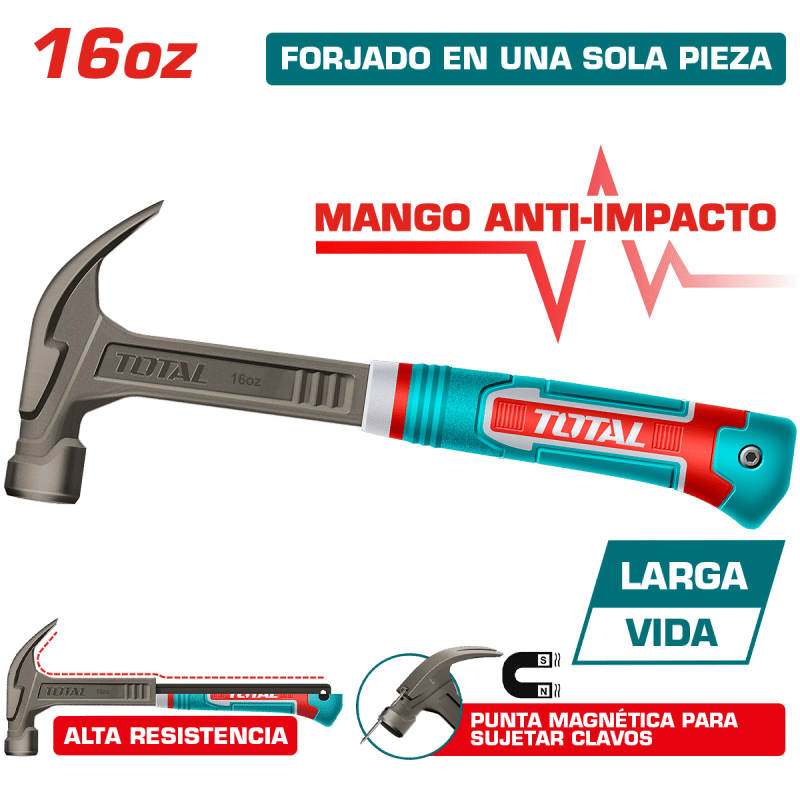 MARTILLO DE UÑA MANGO FIBRA DE VIDRIO 16OZ/450G ACERO CARBON MAGNETICO INDUSTRIAL