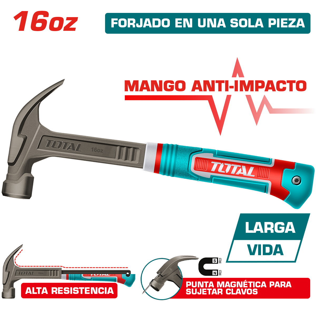 MARTILLO DE UÑA MANGO FIBRA DE VIDRIO 16OZ/450G ACERO CARBON MAGNETICO INDUSTRIAL