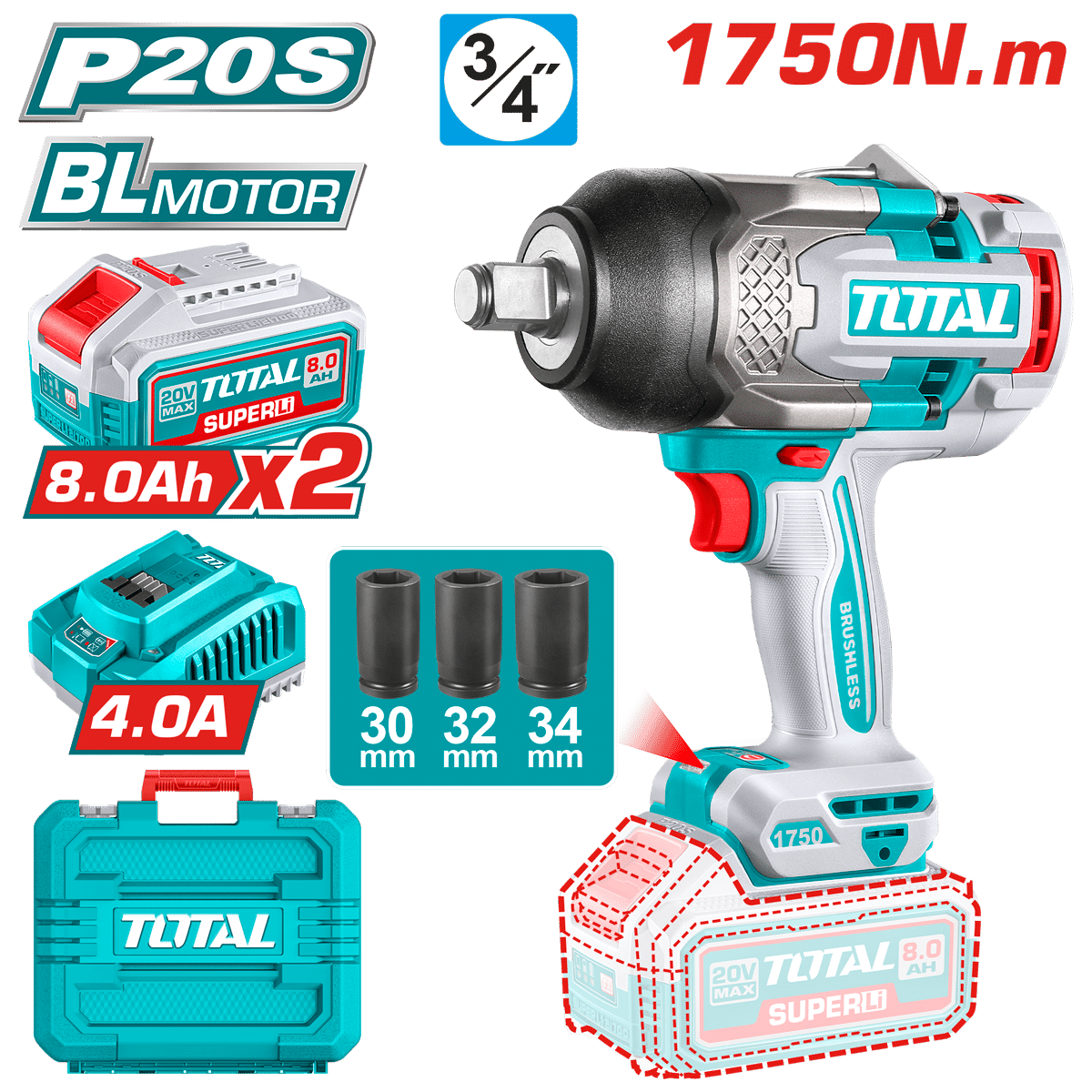 LLAVE IMPACTO BRUSHLESS 20V 1750NM 3/4'' 2200BPM 2X8.0AH MALETIN INDUSTRIAL
