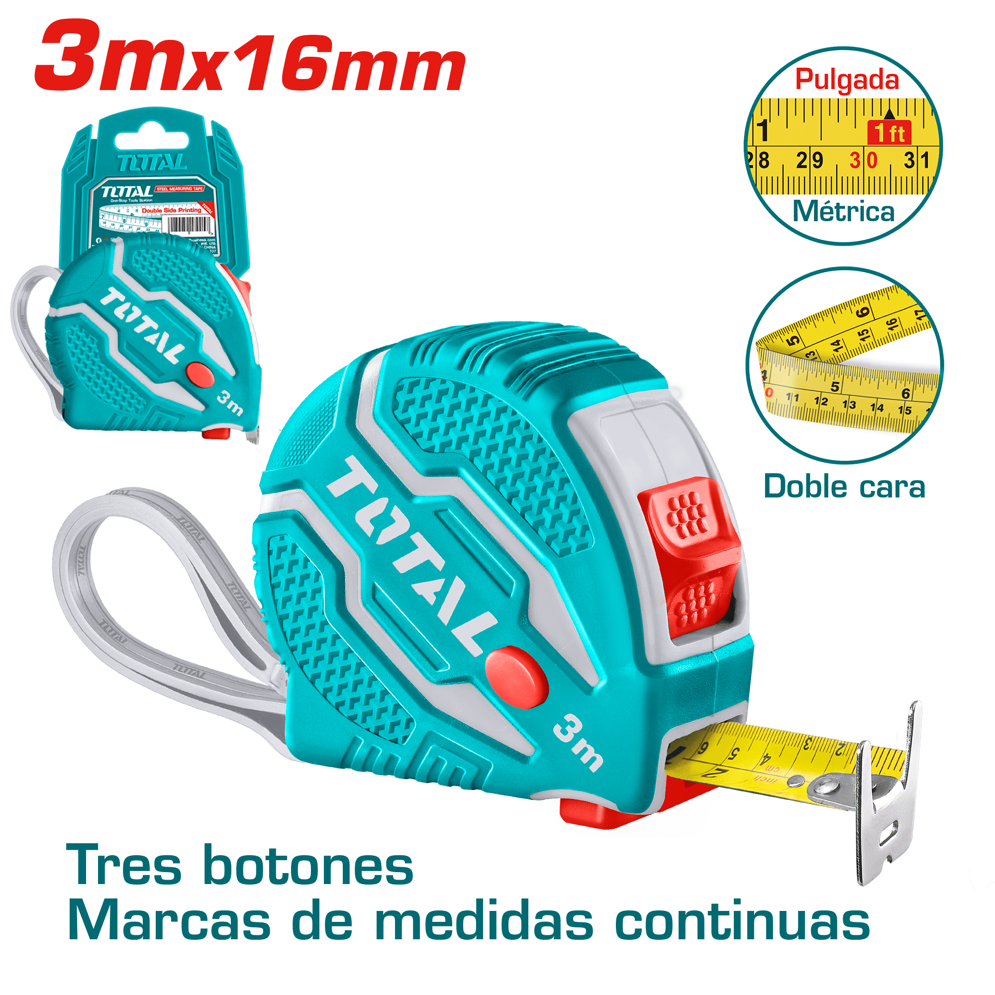 CINTA METRICA DE ACERO/ABS 3 BOTONES DOBLE LADO 3MX16MM