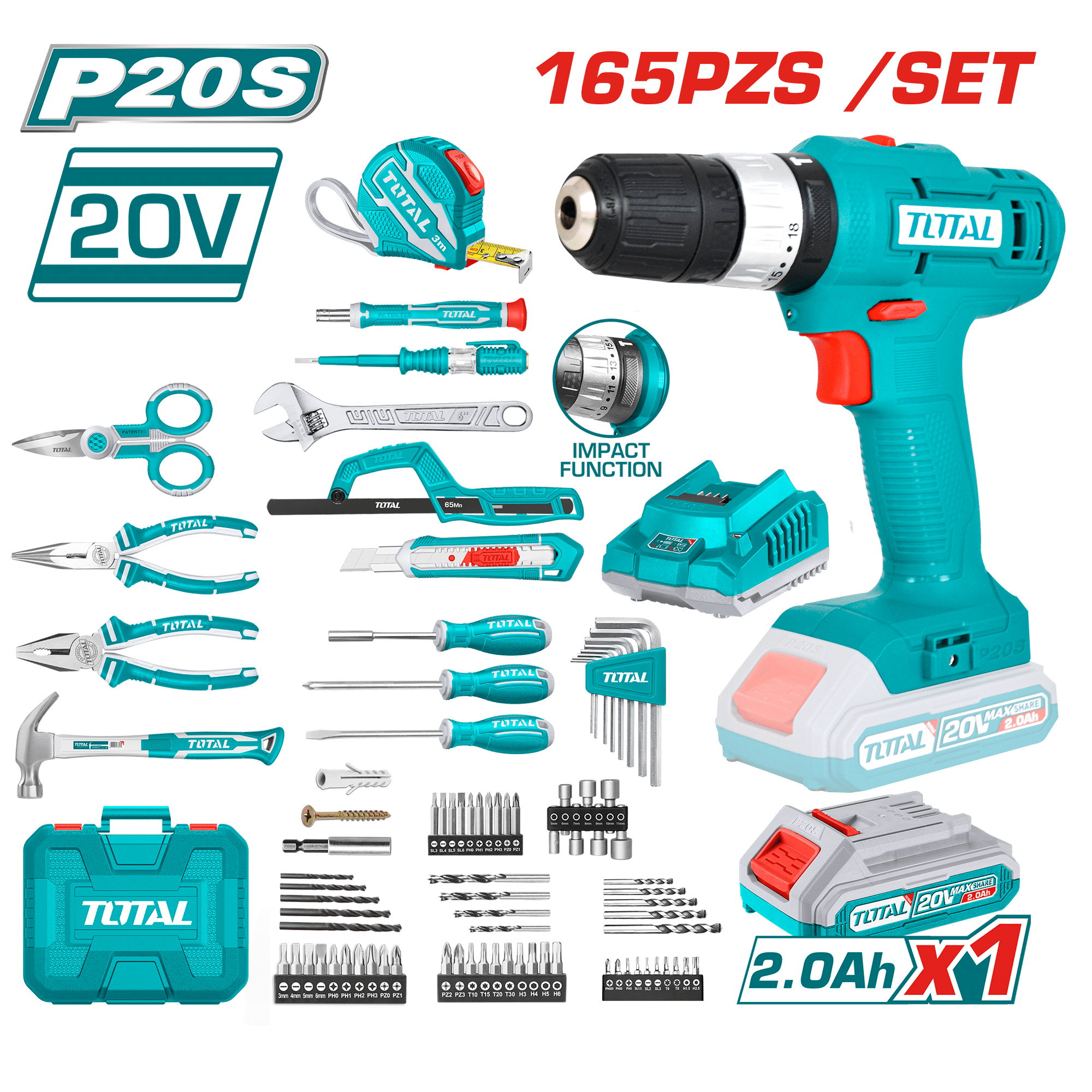 COMBO TALADRO PERCUTOR 20V + HERRAMIENTAS (165PCS) INC MALETIN INDUSTRIAL