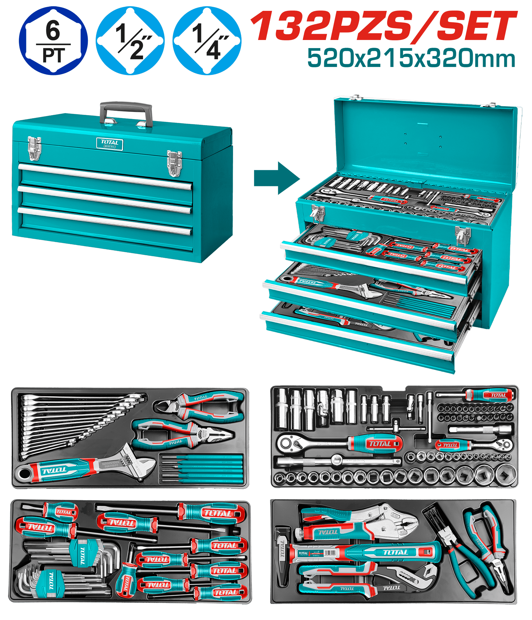SET HERRAMIENTAS 132 PZS MALETA DE ALUMINIO 4 NIVELES PORTATIL INDUSTRIAL