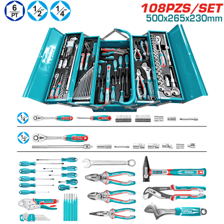 SET HERRAMIENTAS MANUALES 108PCS ESTUCHE METALICO 500X265X230 DESPLEGABLE INDUSTRIAL