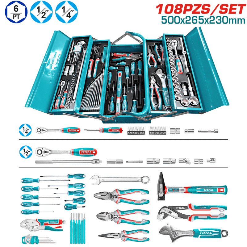 SET HERRAMIENTAS MANUALES 108PCS ESTUCHE METALICO 500X265X230 DESPLEGABLE INDUSTRIAL