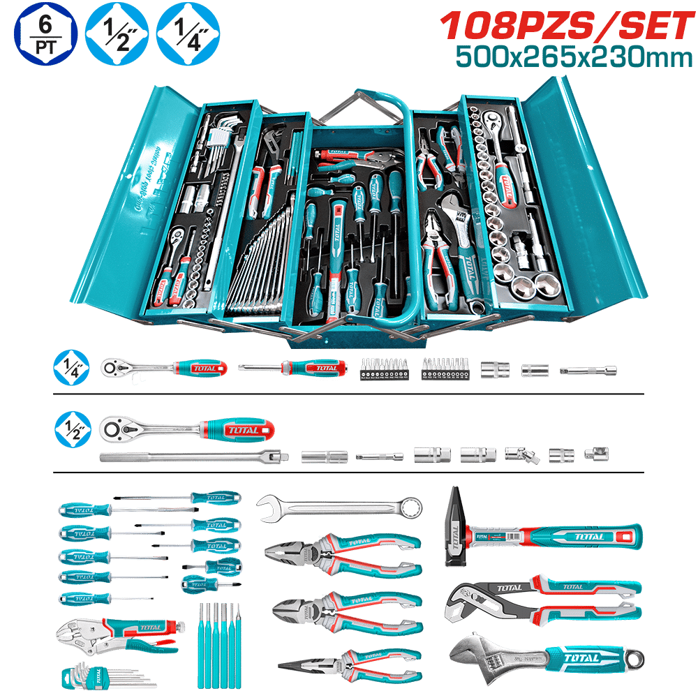 SET HERRAMIENTAS MANUALES 108PCS ESTUCHE METALICO 500X265X230 DESPLEGABLE INDUSTRIAL