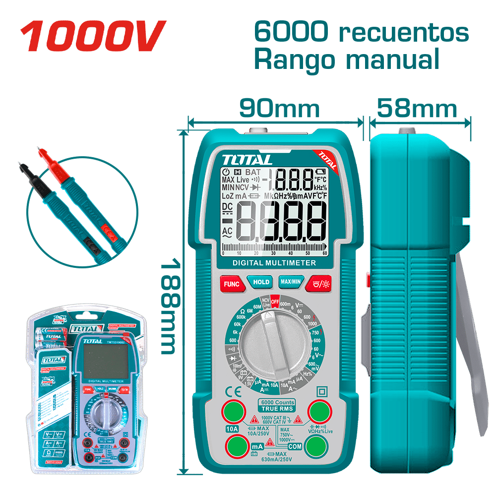 MULTIMETRO DIGITAL 6000 CONTEOS RANGO MANUAL 1000V INDUSTRIAL