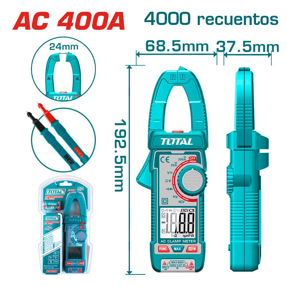 PINZA AMPERIMETRICA AC 400A 4000 CONTEOS A:24MM INDUSTRIAL