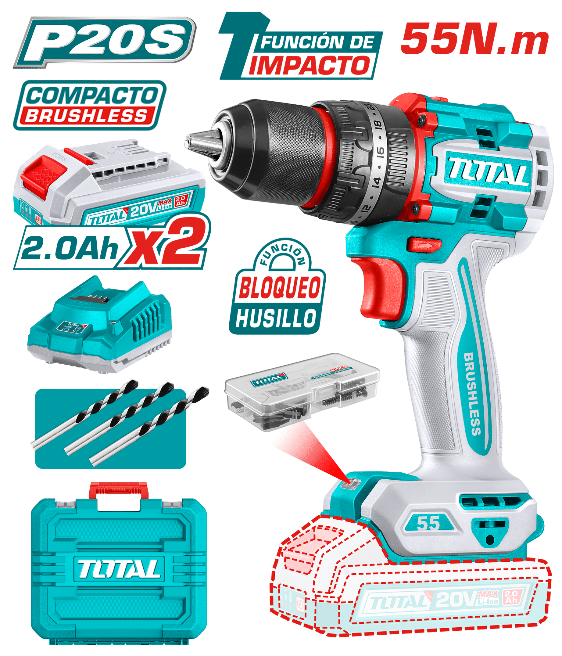 TALADRO PERCUTOR COMPACTO LI-ION 20V 55NM 13MM 2X2.0AH BRUSHLESS MALETIN INDUSTRIAL