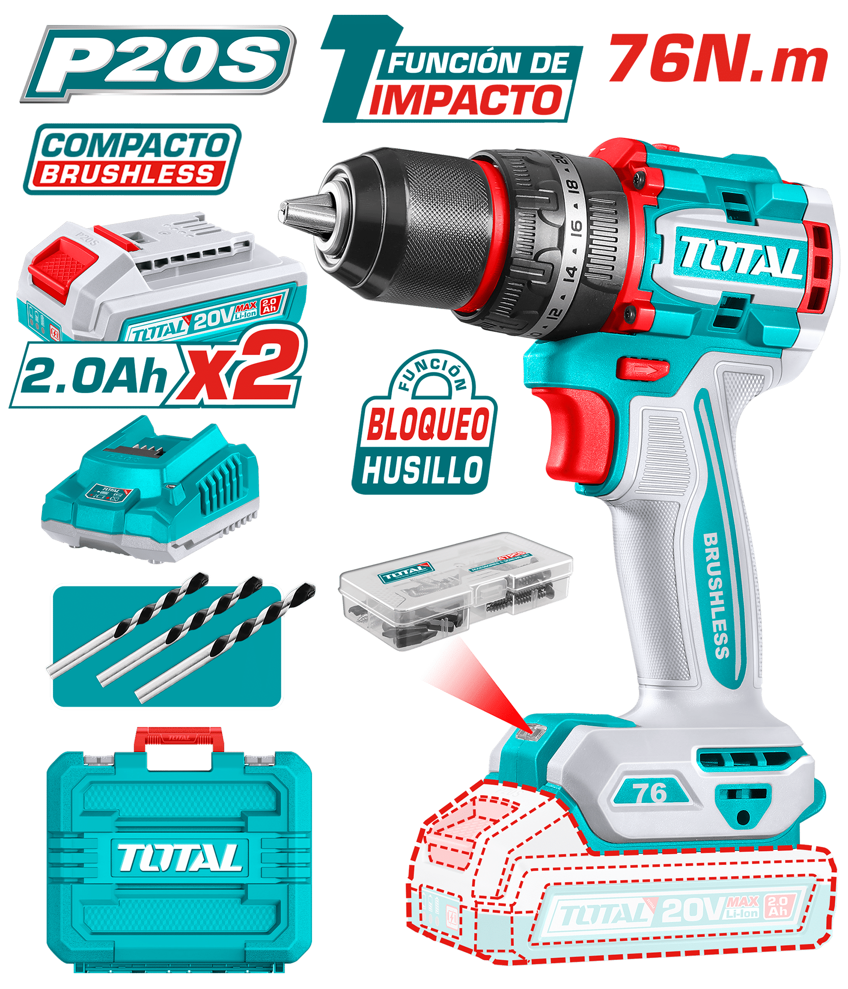 TALADRO PERCUTOR COMPACTO LI-ION 20V 76NM 13MM 2X2.0AH BRUSHLESS MALETIN INDUSTRIAL