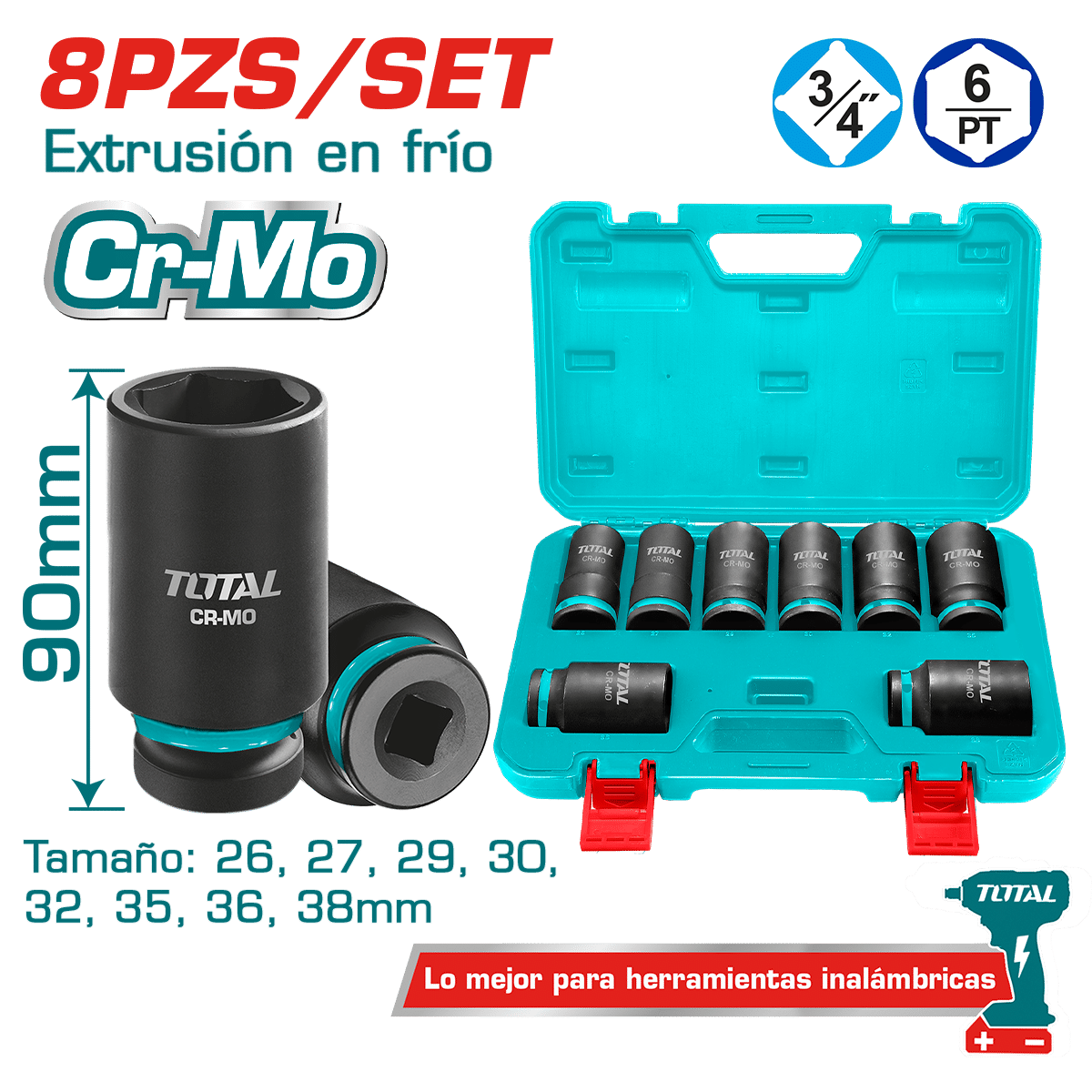 SET DADOS IMPACTO LARGO 3/4 PULG 8PCS 26-38MM CR-MO MALETIN INDUSTRIAL