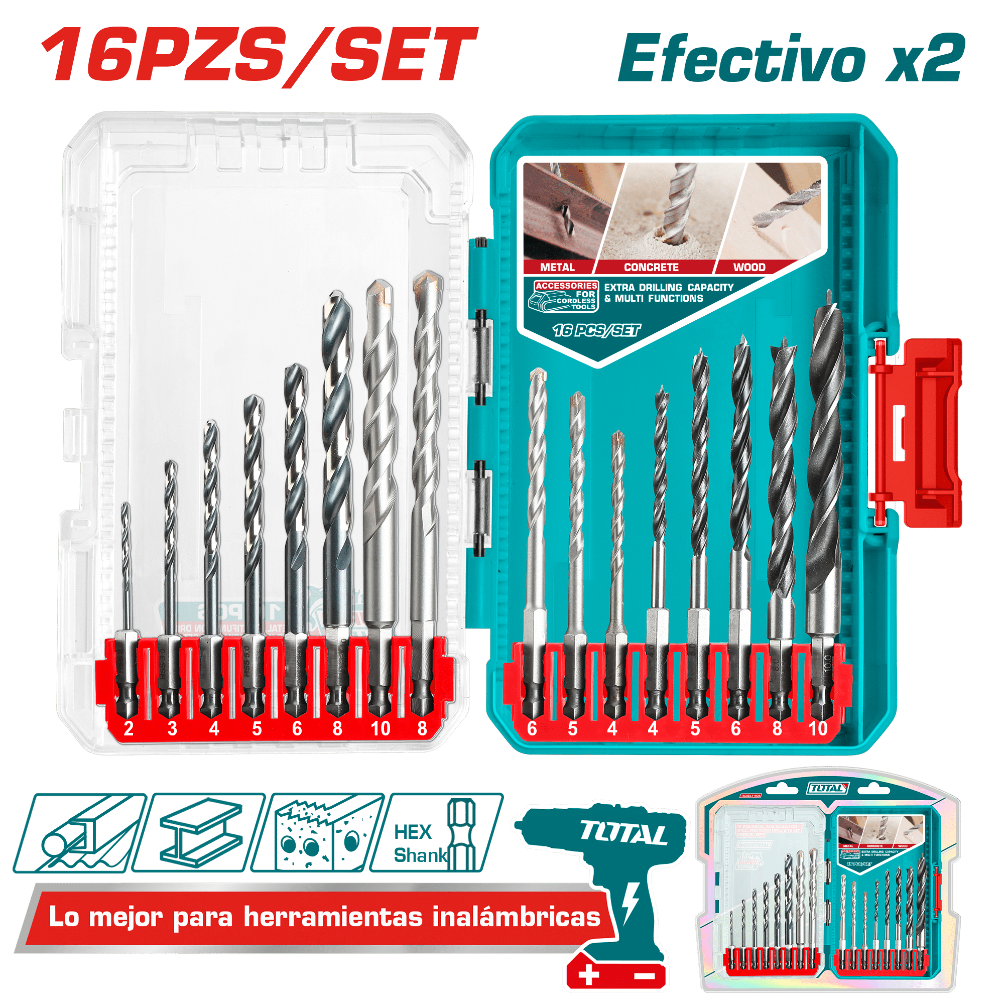 SET DE BROCAS METAL/CONCRETO/MADERA 16PZS EN ESTUCHE