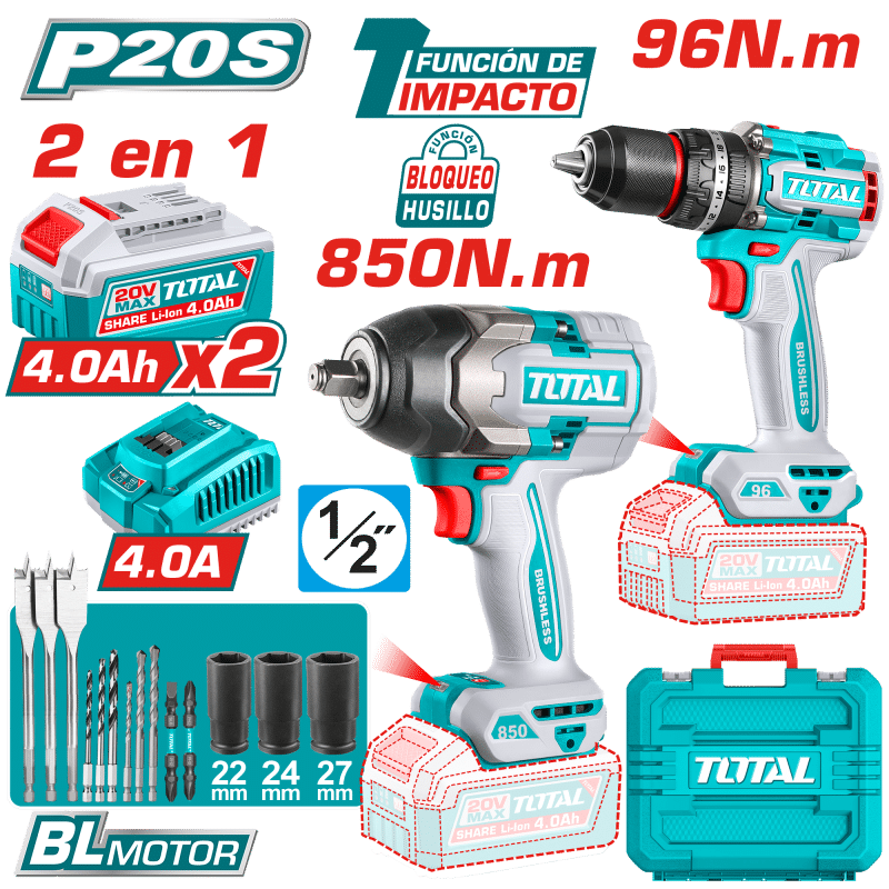 COMBO 2 EN 1 TALADRO IMPACTO 96NM + LLAVE IMPACTO 850NM 2X4.0AH + ACC INDUSTRIAL