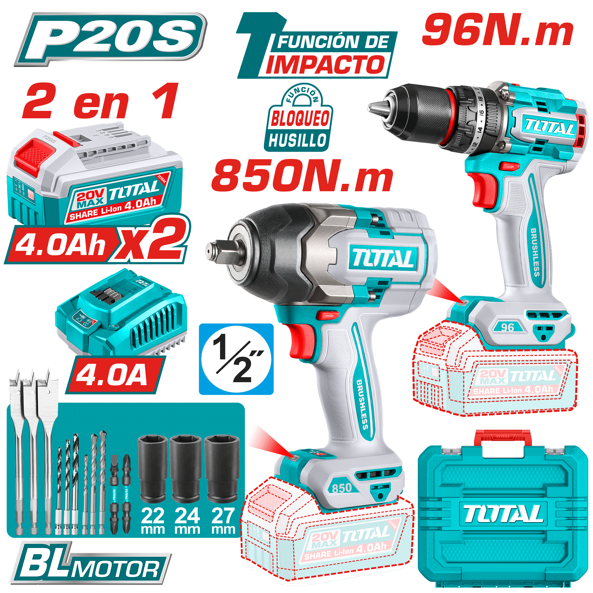 COMBO 2 EN 1 TALADRO IMPACTO 96NM + LLAVE IMPACTO 850NM 2X4.0AH + ACC INDUSTRIAL