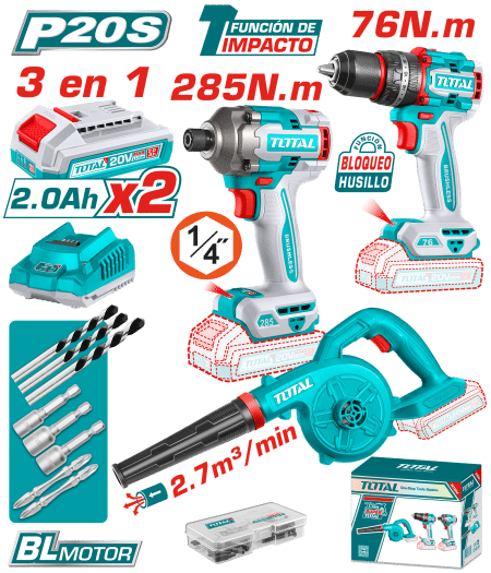 COMBO 3 EN 1 TALADRO PER 76NM + DESTORN IMPAC 285NM + SOPLADORA 2X2.0AH + ACC INDUSTRIAL
