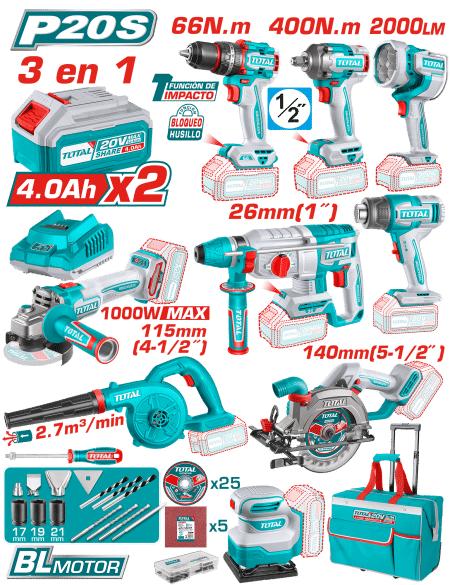 COMBO 20V 9 EN 1. TALADRO, LLAVES, ROTOMARTILLO, AMOLADORA, LINTERNA Y MÁS 2X4.0AH + ACC