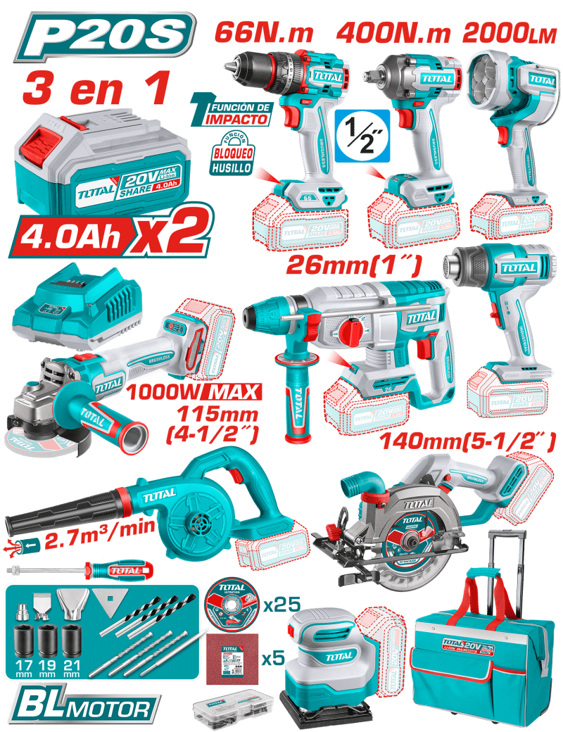 COMBO 20V 9 EN 1. TALADRO, LLAVES, ROTOMARTILLO, AMOLADORA, LINTERNA Y MÁS 2X4.0AH + ACC