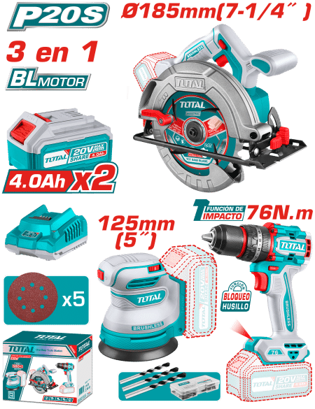 COMBO 20V 3 EN 1. TALADRO PER. 76NM + SIERRA + LIJADORA 2X4.0 +ACC INDUSTRIAL