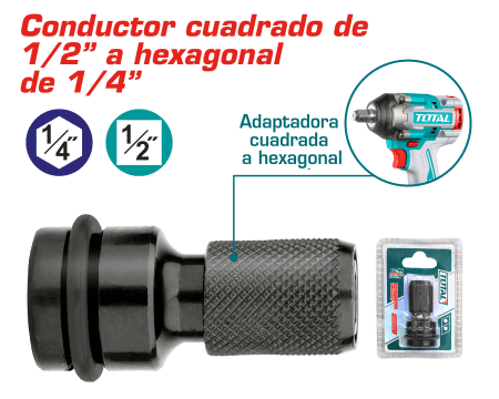 ADAPTADOR DE CUADRADO 1/2'' A HEX 1/4'' PARA LLAVE DE IMPACTO