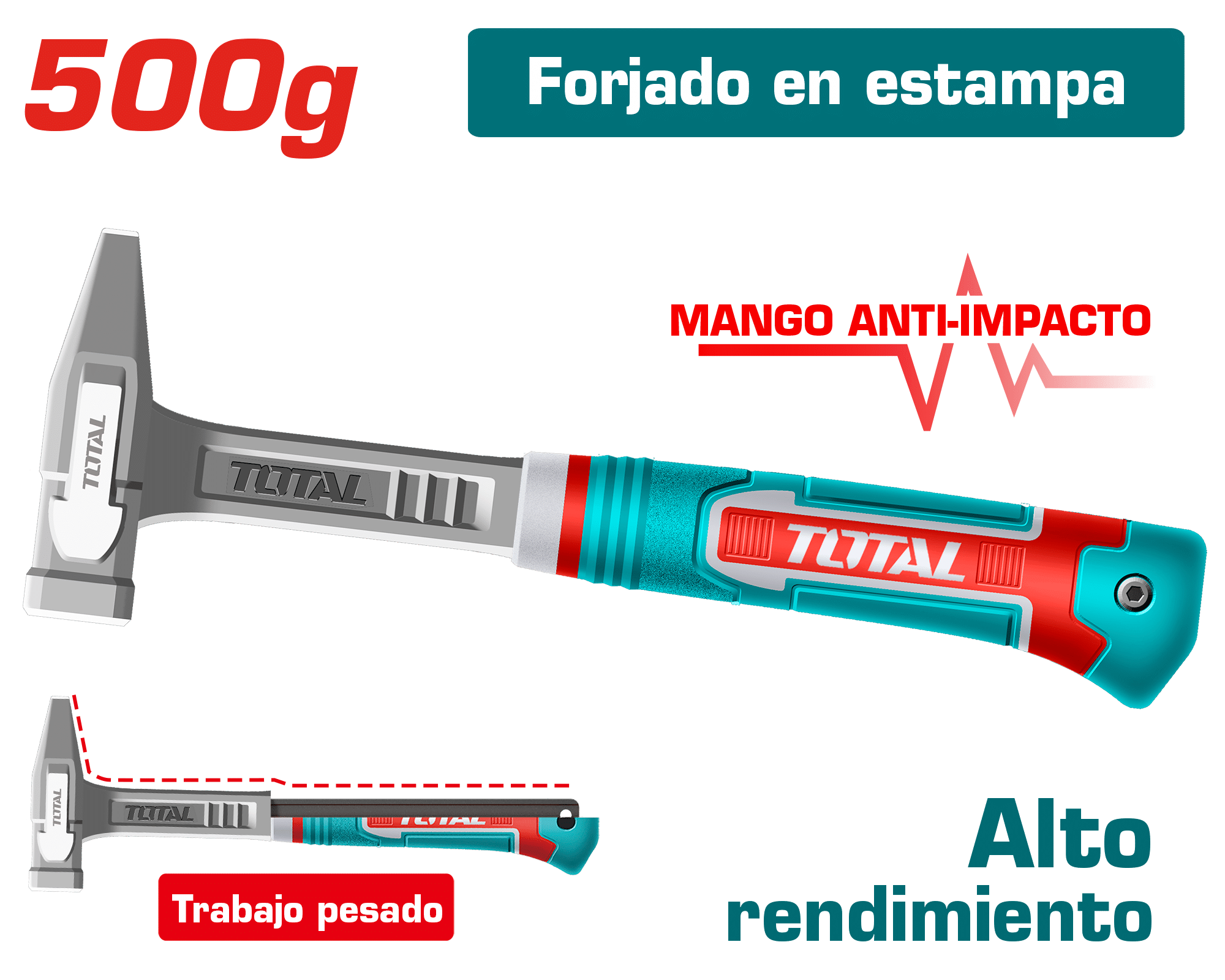 MARTILLO MECANICO MANGO FIBRA DE VIDRIO 500G ANTI-SHOCK HD INDUSTRIAL